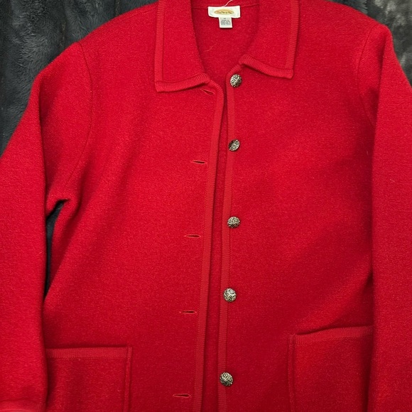 Talbots Cherry Red 100 % Wool Collared Sweater with Silver Buttons - Picture 5 of 8